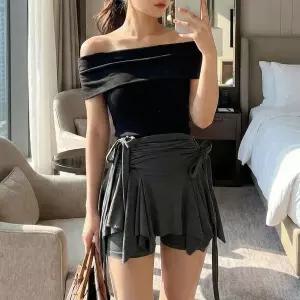 [하프클럽/셀러허브_여성트랜드패션]여자 봄 여름 셔링 언발 리본 미니 치