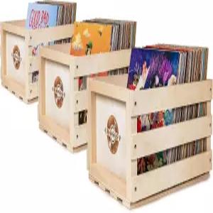 Crosley AC1004A-NA3 비닐 레코드 보관 나무 상자 최대 225장의 앨범 휴대용 정리함 홀더 3개 세트 내추럴