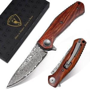 남성용 클립이 있는 AUBEY 다마스쿠스 접이식 포켓 나이프 핸드메이드, 야외 생존 캠핑 컬렉션용 라이너 잠금 장치가 헌팅 EDC 나이프, 나무 손잡이