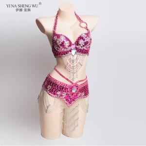 댄스 무대 공연 소품 벨리댄스 브라와 벨트 2개 세트  라인스톤 비즈 자수 성인 여성호환용