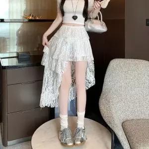 스커트 여름 언밸런스 여자쉬폰스커트 디자인 레이스 하이웨스트 케이크 ible1