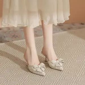 여성 MN 웨지힐 샌들 봄가을 스틸레토 힐 하이 펌프스 뾰족한 앞코 보석장식 리본 OOTD1