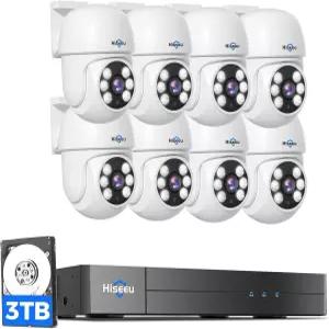 Hiseeu 유선 3K 야외 카메라 시스템 (8채널 5MP DVR 8개 IP67 PTZ CCTV 360° 커버리지 스마트 듀얼 라이트