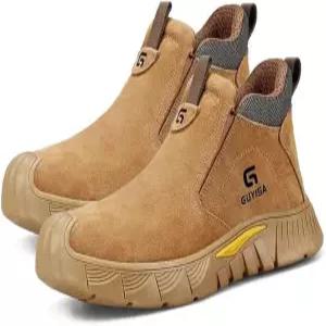 남성용 SFSDOUN 용접 부츠 내화 스틸 토 슈즈 파괴 불가능한 안전 용접기 작업화 건설 부츠. 브라운