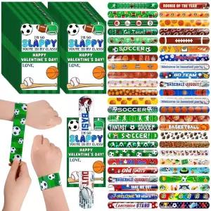 48팩 발렌타인 데이 슬랩 팔찌 선물 세트 축구 야구 스냅 인사말 카드 스포츠 파티 학교 교실 교환 가방