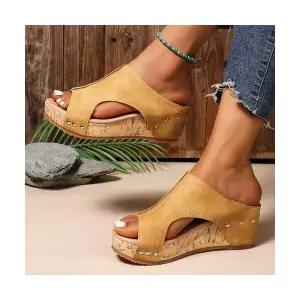여성용 여름 스터드 컴포트 오픈토 통굽 빅사이즈 웨지 슬리퍼 OP5