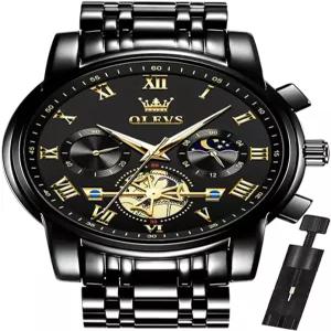 OLEVS 남성용 시계 비즈니스 라지 숫자 읽기 쉬운 쿼츠 스테인리스 스틸 방수 야광 데이트 캐주얼