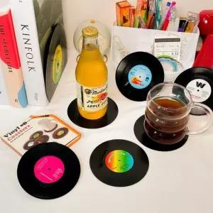 [이지커머스]레트로 LP판 티코스터 컵받침대 6개 세트 컵받침 인테리어 빈티지