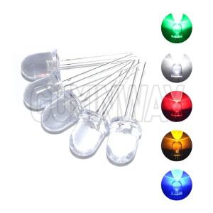 10개 F10 10mm LED 5가지 색상 빨강 파랑 노랑 초록 흰색 투명 20mA 0.75W 초고휘도 원형 발광 다이오드 램