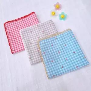 체리체크 아사면 자수손수건 큰 정사각 쁘띠스카프 매너손수건 쁘띠스카프 도시락가방