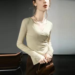 여성티셔츠 봄 디자인 언밸런스 긴팔 브이넥 크로스 셔링 조거 레깅스 심쿵직구