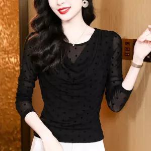 여성티셔츠 봄 도트 긴팔 망사 레깅스 슬림 이너 티셔츠 풀오버 심쿵직구