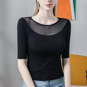 여자티셔츠 5부소매 블랙 모달 봄 패치 망사 티셔츠 반팔 레깅스 심쿵