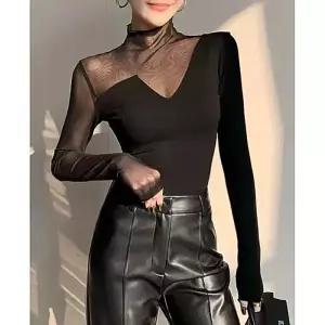 여자티셔츠 망사 티셔츠 긴팔 펀칭 반하이넥 슬림 레깅스 패치 봄가을 심쿵