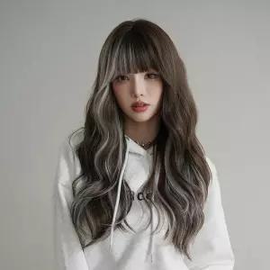 여자가발 웨이브 볼륨 리얼 크림그레이 통가발 내추럴 롱 앞머리 심쿵희망