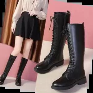 스웨이드부츠 부츠 여성 롱 가죽 신발 통굽 레이스업 워커 털신발