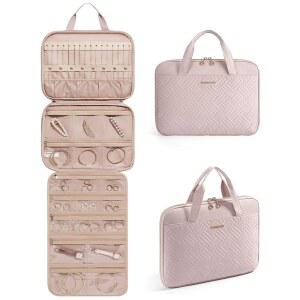 백스마트 여행용 주얼리 케이스 산화 방지 지퍼 포켓 주얼리가 달린 행잉 롤 백 귀걸이 목걸이 옷장의 반지 벽 문 휴대용 여행 필수품 핑크 분홍색