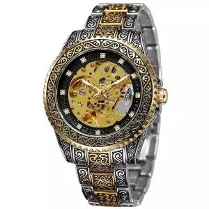 FORSINING 남성용 스켈레톤 각인 시계 오토매틱 시계, 방수 셀프 와인딩 손목 02-골드 실버 밴드 골드 블랙