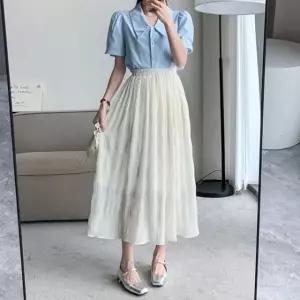 주름 A라인 밴딩 롱 쉬폰 플리츠 스커트 여름 rGB9+6NXT