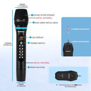 휴대용 호환 UHF 핸드헬드 노래방 다이나믹 마이크 시스템 에코 트레블 베이스 블루투스 160FT 범위 무선