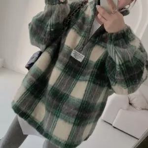 헐크 여사친 여성용 모직 가을 티 차이나 맨투맨 뽀글이 긴팔 체크 KKE3