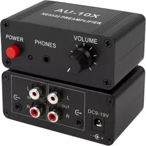 12V RCA 프리앰프 오디오 포노 미니 스테레오 헤드폰 신호 홈 앰프 턴테이블 듀얼 OP AUX10X NE5532용 게인
