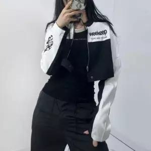 [의류] 여성 스트릿 바이커 레이싱 크롭 숏 자켓 배색 점퍼