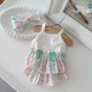 [반려] 강아지 체크 2단 원피스 민트 1P 스카프 세트 민소매