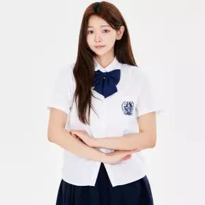 화이트 일본스타일 네이비자수 베이직 반팔 교복셔츠