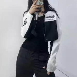 [의류] 여성 스트릿 바이커 레이싱 크롭 숏 자켓 배색 점퍼