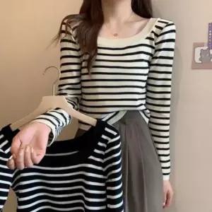 [의류] 니트 티셔츠 줄무늬티 스트라이프 줄무늬 스퀘어넥 데일리 티 단가라