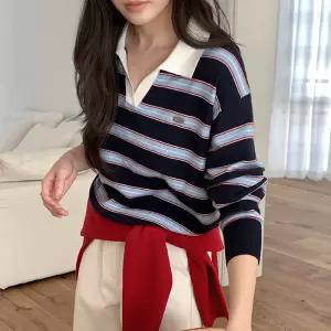 [코코블랑] 차프 팬던트 스트라이프 카라 니트