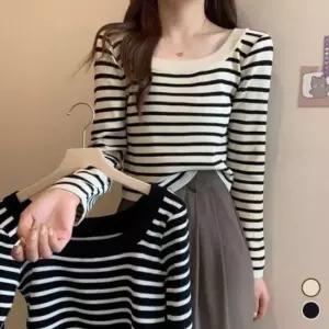 [의류] 스트라이프 스퀘어네크라인 패턴 뜨개탑 스트라이프 일상 트렌디 탑 스웨어넥