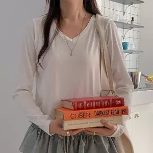 [유어하젤] 포포미 레이온 브이넥 골지 티셔츠_S4553