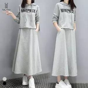 벨라도나 사계절 여성 캐주얼 후드티셔츠+A라인 롱스커트 투피스셋업 사이드주머니 Bon-2609