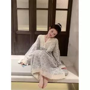 스커트 잠옷세트 파자마 중기장 레이스 커플 브이넥 면사 원픽1