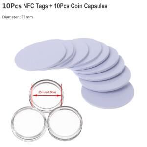 Ntag215 NFC 태그 휴대폰 키 13.56MHz  20 개  NTAG 215 범용 레이블 RFID 캡슐 박스 수납함 포함 25mm 동