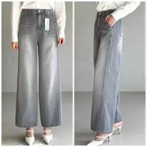 여성 난스판 리오셀 스티치 그레이 와이드 데님팬츠 통청바지