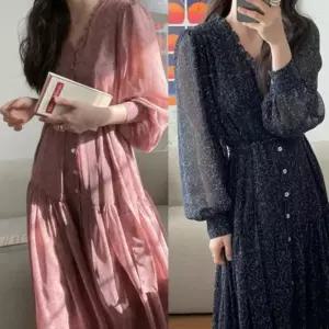 여자 프렌치 앞셔링 티어드 SS 시폰 롱원피스