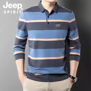 JEEP SPIRIT 남자 스트라이프 카라티 봄 가을 긴팔 캐주얼 코튼 티셔츠