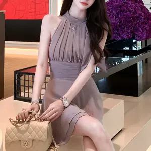 샤르링 쉬폰 홀터넥 셔링 플레어 원피스 AH0118