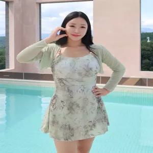 빅사이즈 뱀부 나염 커버업 가디건 세트 체형커버 여성 래쉬가드 원피스 수영복