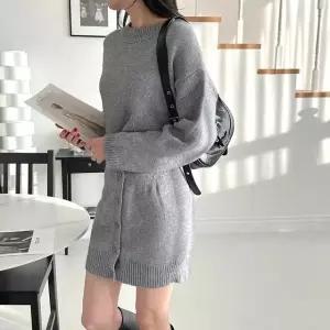 여성 코디세트 버튼 미니 스커트 데일리 투피스 니트 세트 (WFJWZA0)