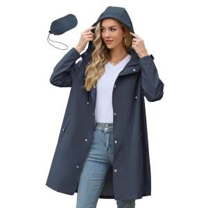 잔도 롱 패커블 레인 재킷 여성 방수 후드 경량 야외 바람막이가 있는 여성용 레인코트