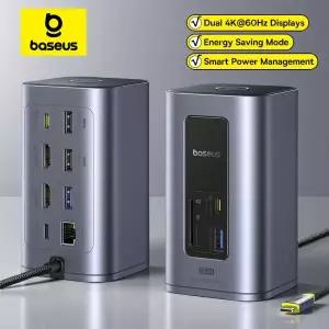 USB랜포트 Baseus 12-in-1 USB C 허브-HDMI 4K60Hz 듀얼 디스플레이 32 어댑터RJ45 SD TF PD 100W 도킹스테