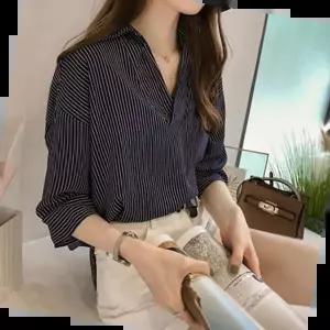 여성셔츠 반오픈 카라 세로 줄무늬 5부 셔츠