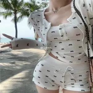 리본패턴 헨리넥 가디건 나시 숏팬츠 지니추 쓰리피스 브라캡 내장 잠옷 파자마 세트