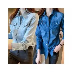 큐즈 여성 데님 셔츠 버튼 연청 진청 카라 포켓 남방 빅사이즈 2컬러 WL1307