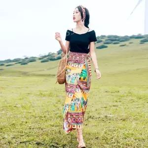 여행 여성 휴가룩 랩 보해미안 플레어 롱스커트 태국 A라인 스커트