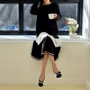 밑단 배색 스판 롱 원피스 긴팔 라운드넥 A라인 여성 빅사이즈